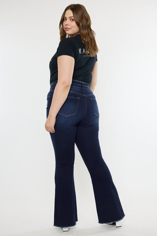 High Rise Double WB Fray Hem Flare Jeans Dark Stone Wash