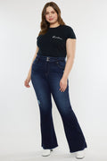 High Rise Double WB Fray Hem Flare Jeans Dark Stone Wash