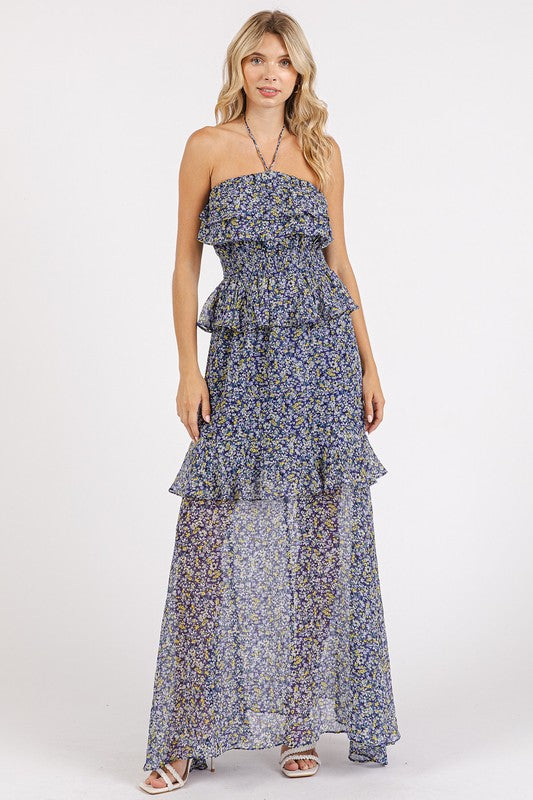 Ruffled Smocked Floral Halter Neck Maxi Dress For Summer – Feminine and Elegant Floral Maxi Dress with Smocked Waist