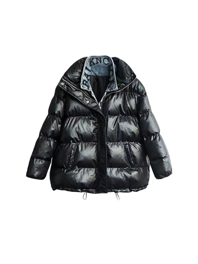 Women's Harajuku Style Denim Stitching Loose Fit Down Jacket - Image 10
