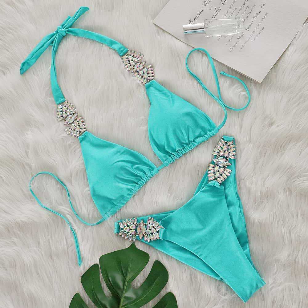 Sexy Solid Color Rhinestone Bandage Bikini Halter Swimsuit