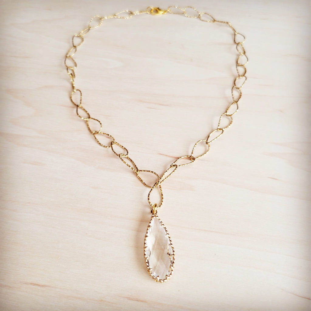 Gold-Tone Teardrop Pendant Necklace with Textured Oval Links - Image 2