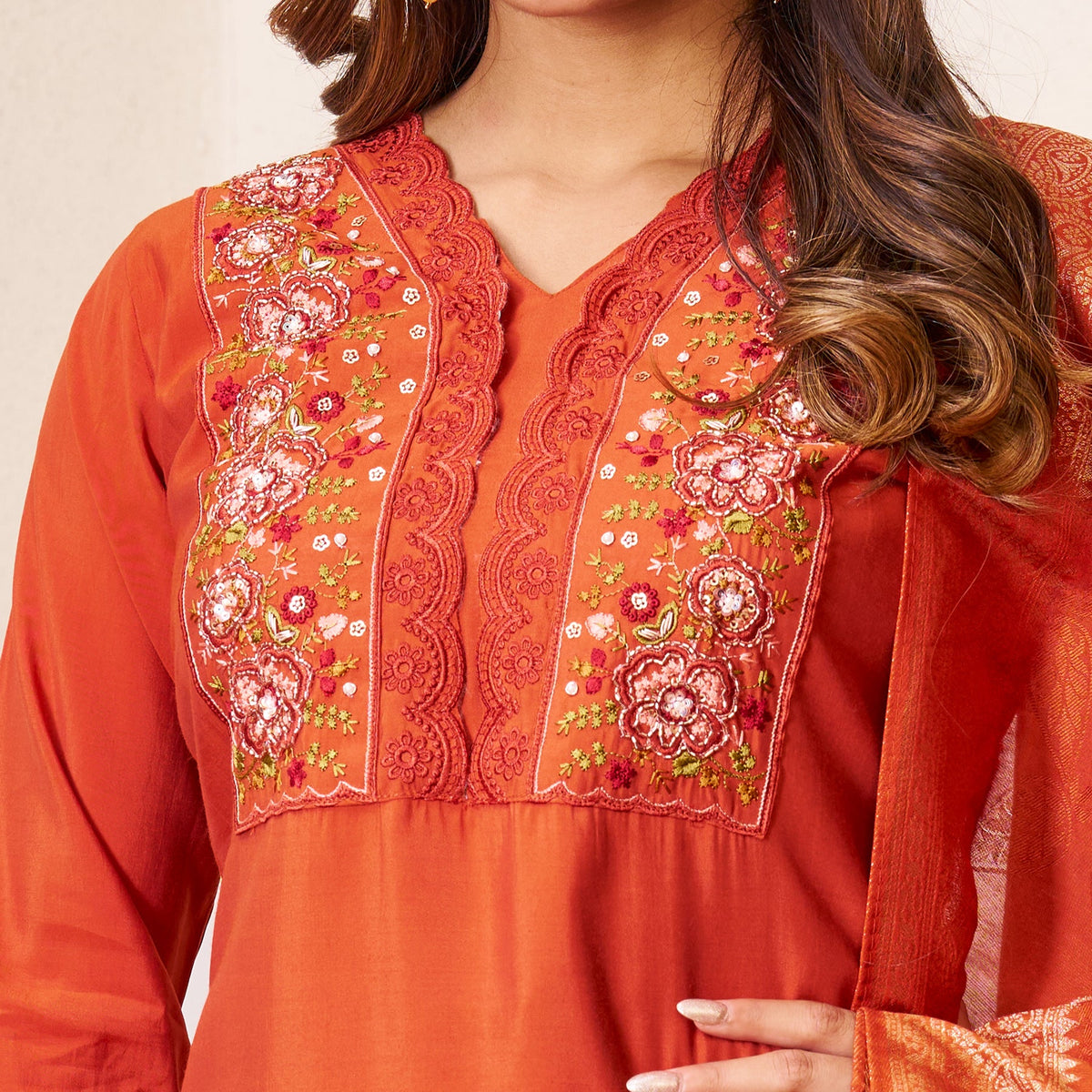 Rust Roman Silk Kurta Set with Multi Embroidery and Sequins