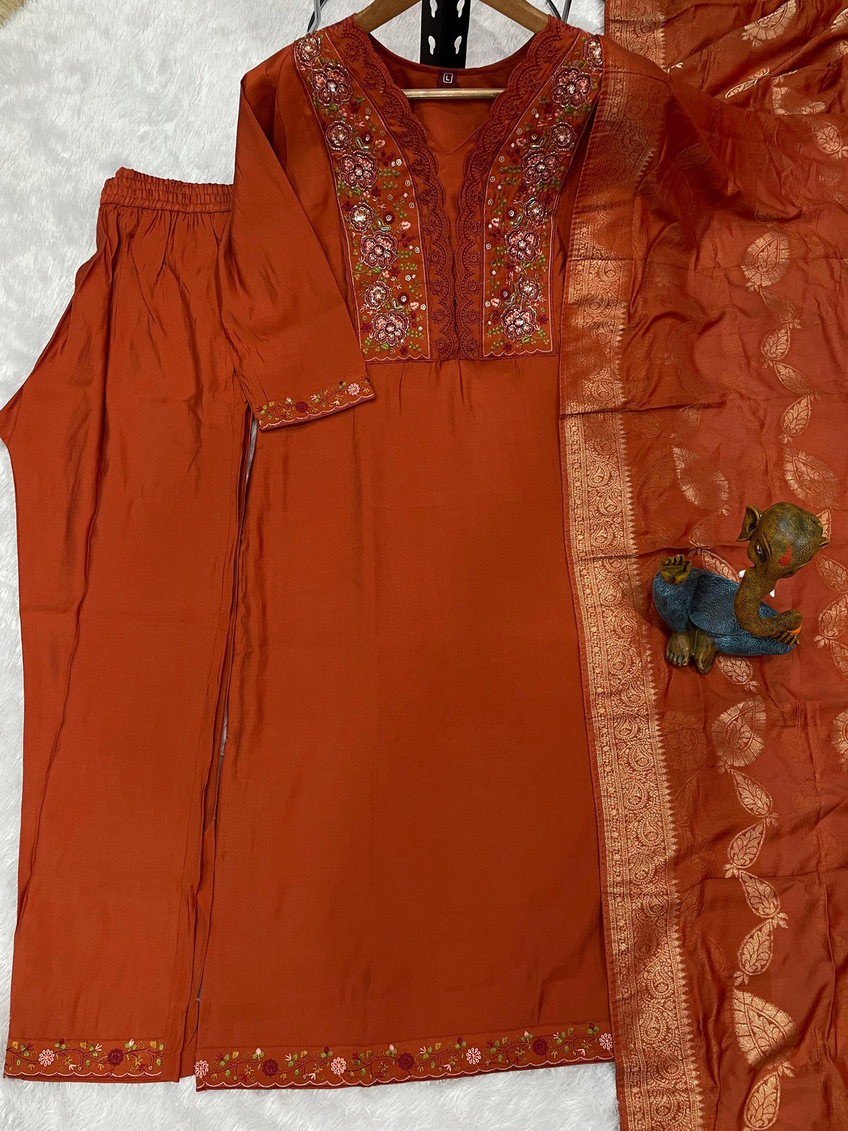 Rust Roman Silk Kurta Set with Multi Embroidery and Sequins