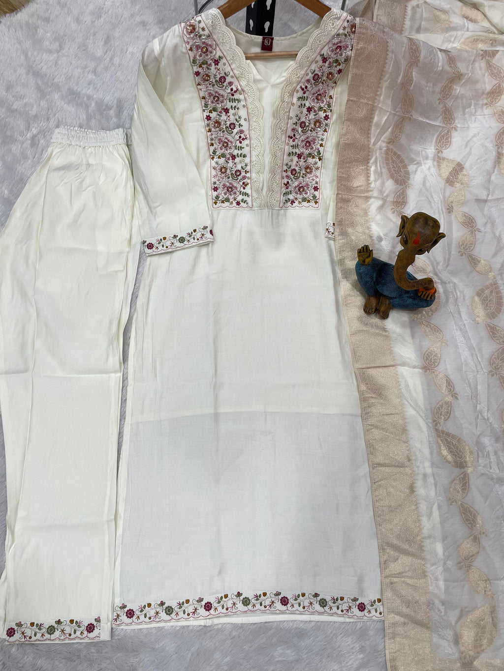 White Roman Silk Kurta Set with Multi Embroidery and Sequins
