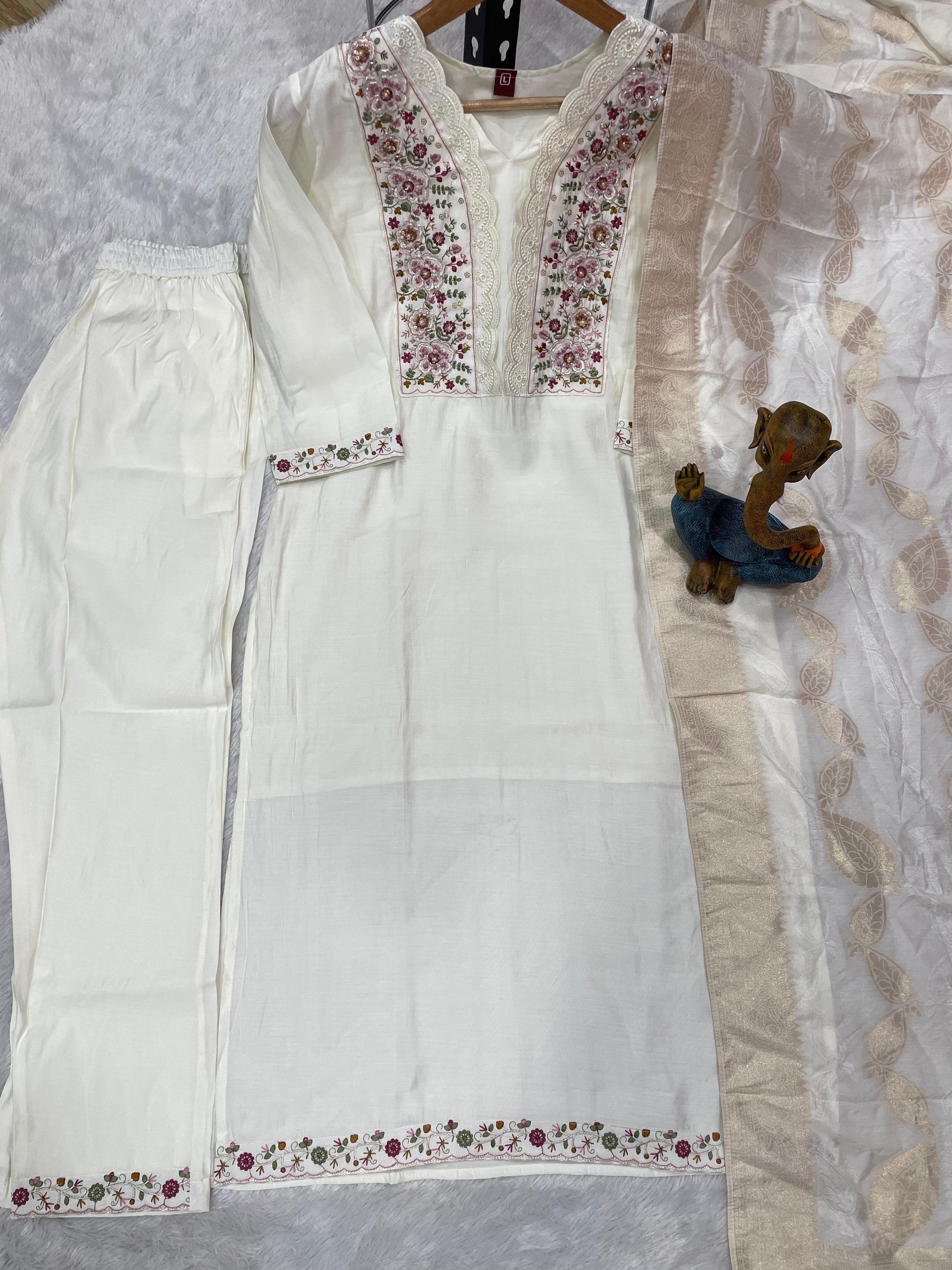 White Roman Silk Kurta Set with Multi Embroidery and Sequins