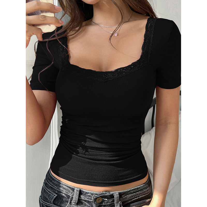 Y2K Lace Trim Slim Fit Tee U-Neck Short Sleeve Top