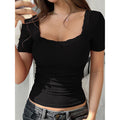 Y2K Lace Trim Slim Fit Tee U-Neck Short Sleeve Top