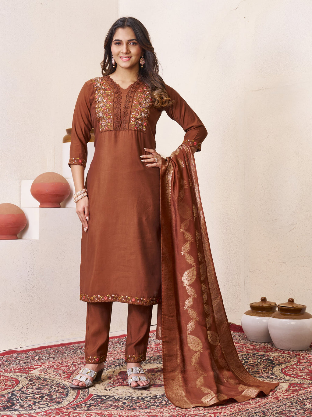 Coffee Roman Silk kurta set with multi-color embroidery and sequin detail