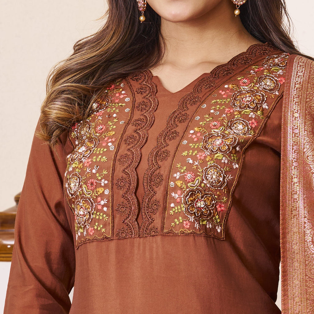 Coffee Roman Silk Kurta Set with Multi Embroidery and Sequins