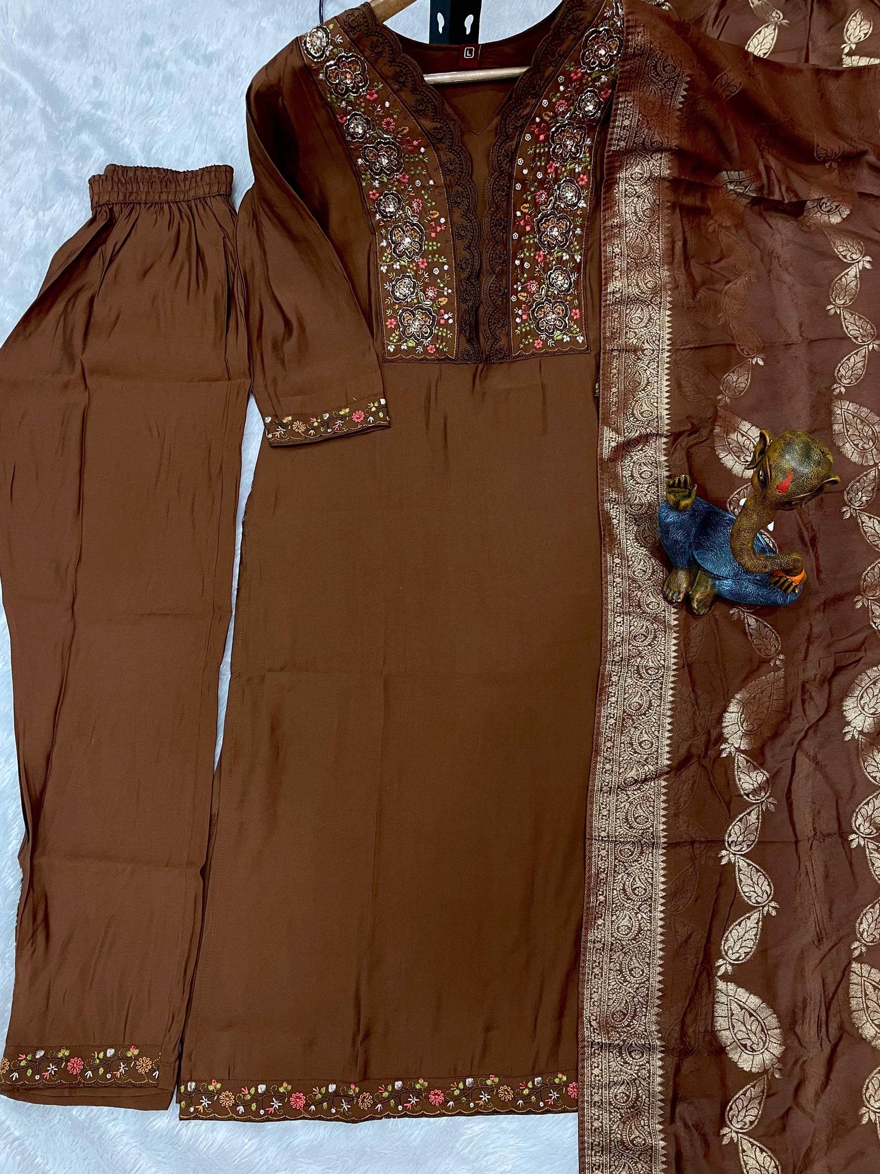 Coffee Roman Silk Kurta Set with Multi Embroidery and Sequins