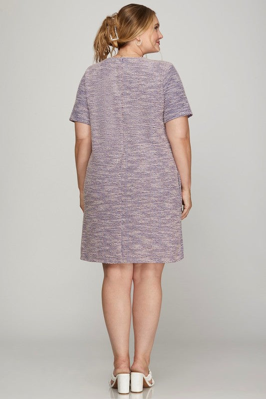 Short Sleeve Pearl Trim Knit Tweed Dress in Purple and White