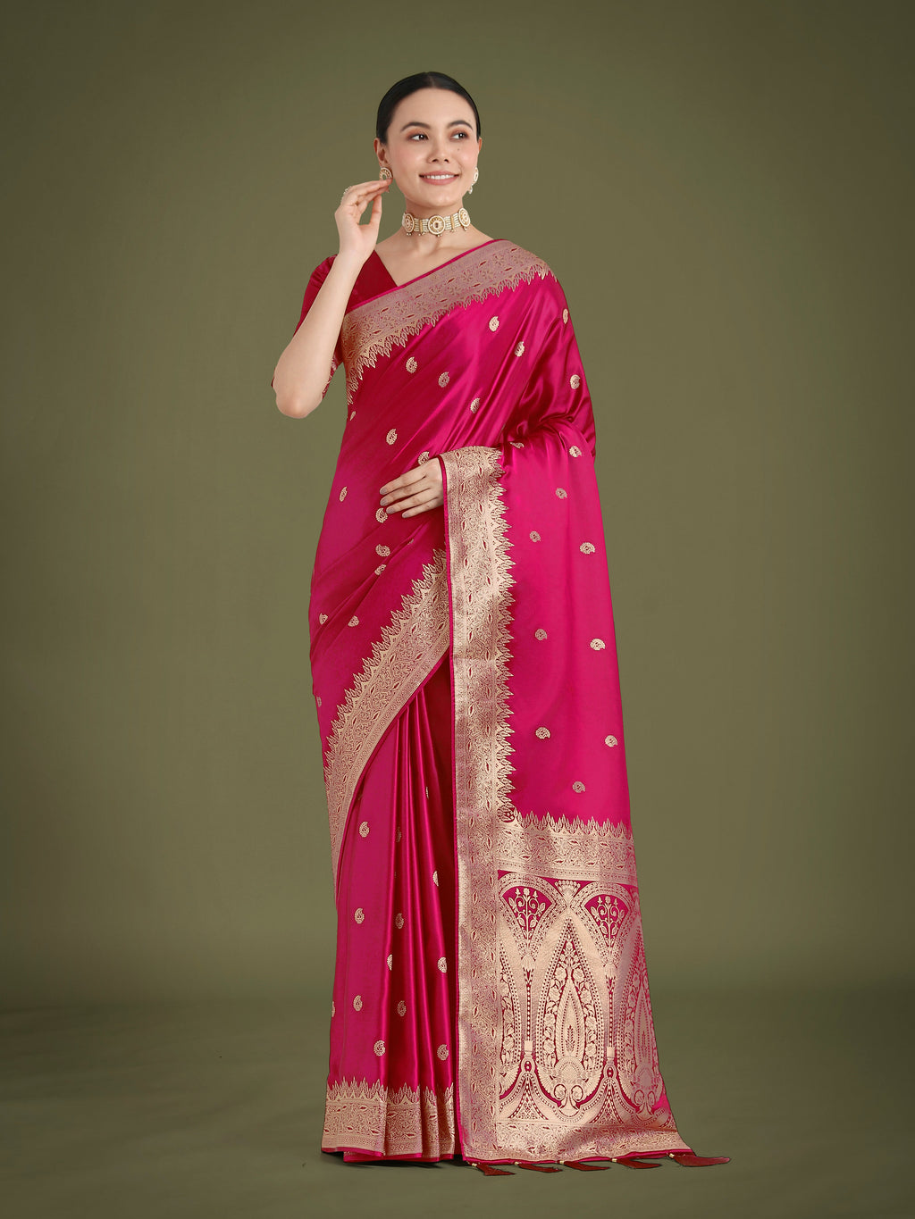 Rani Pink Banarasi Satin Silk Saree with Zari Woven detail and blouse piece