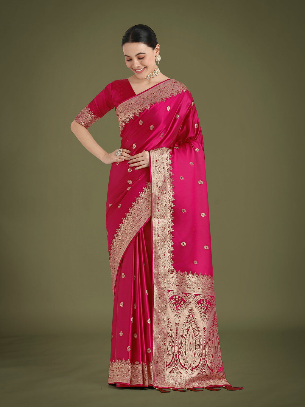 Rani Pink Banarasi Satin Silk Saree with Zari Woven Border