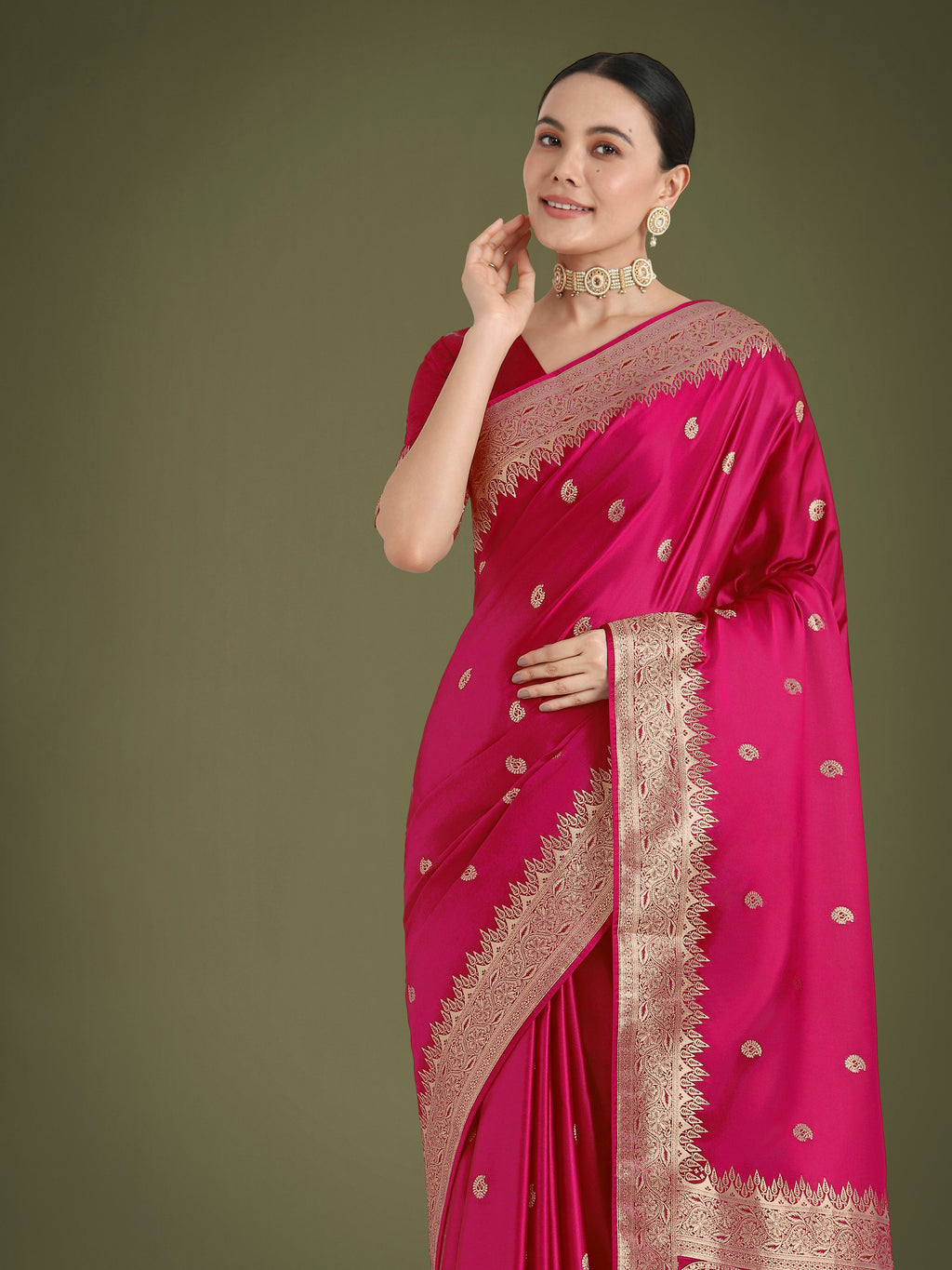 Rani Pink Banarasi Satin Silk Saree with Zari Woven Border