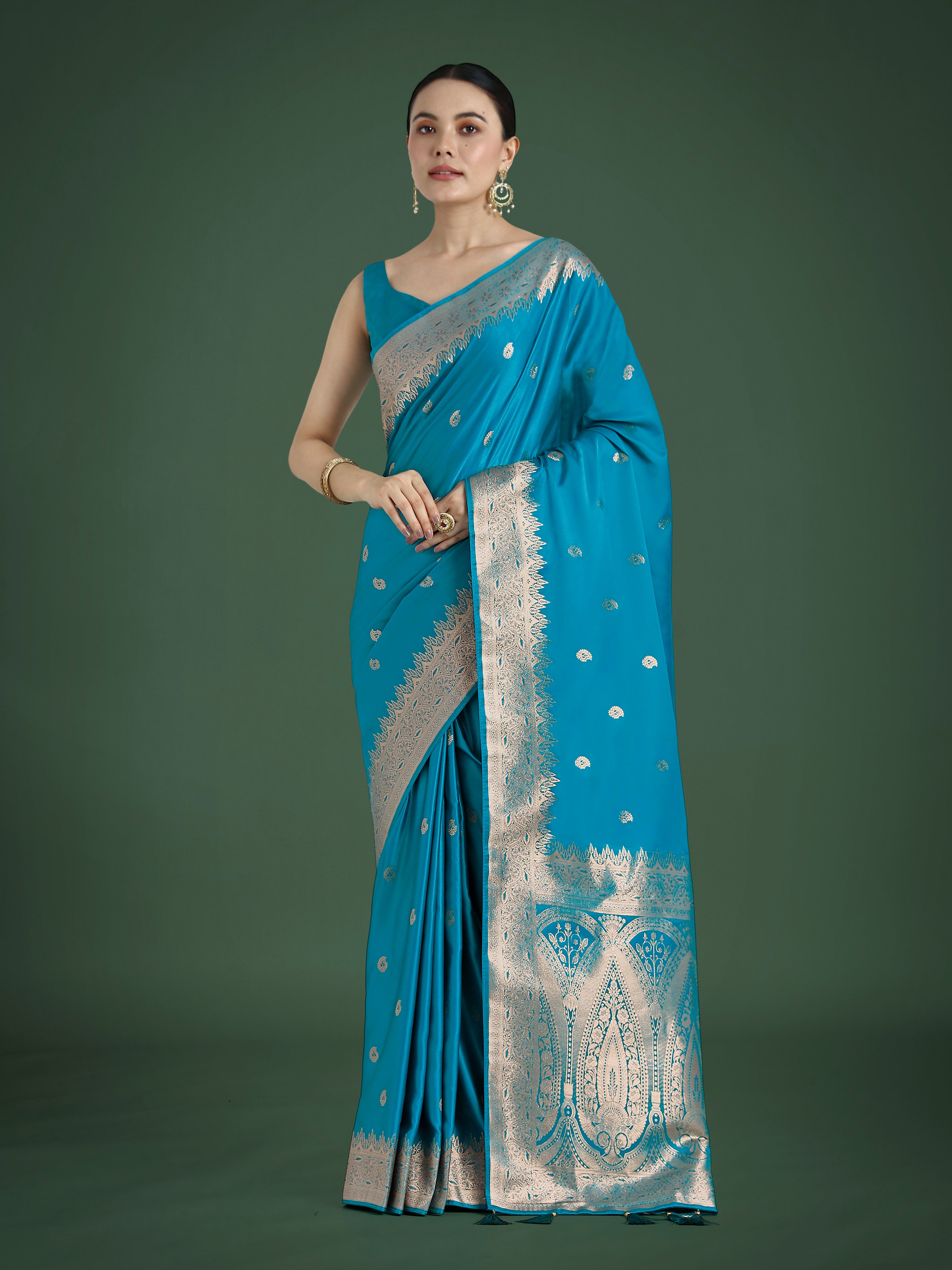 Divine Cyan Blue Soft Banarasi Satin Silk Saree with Blouse