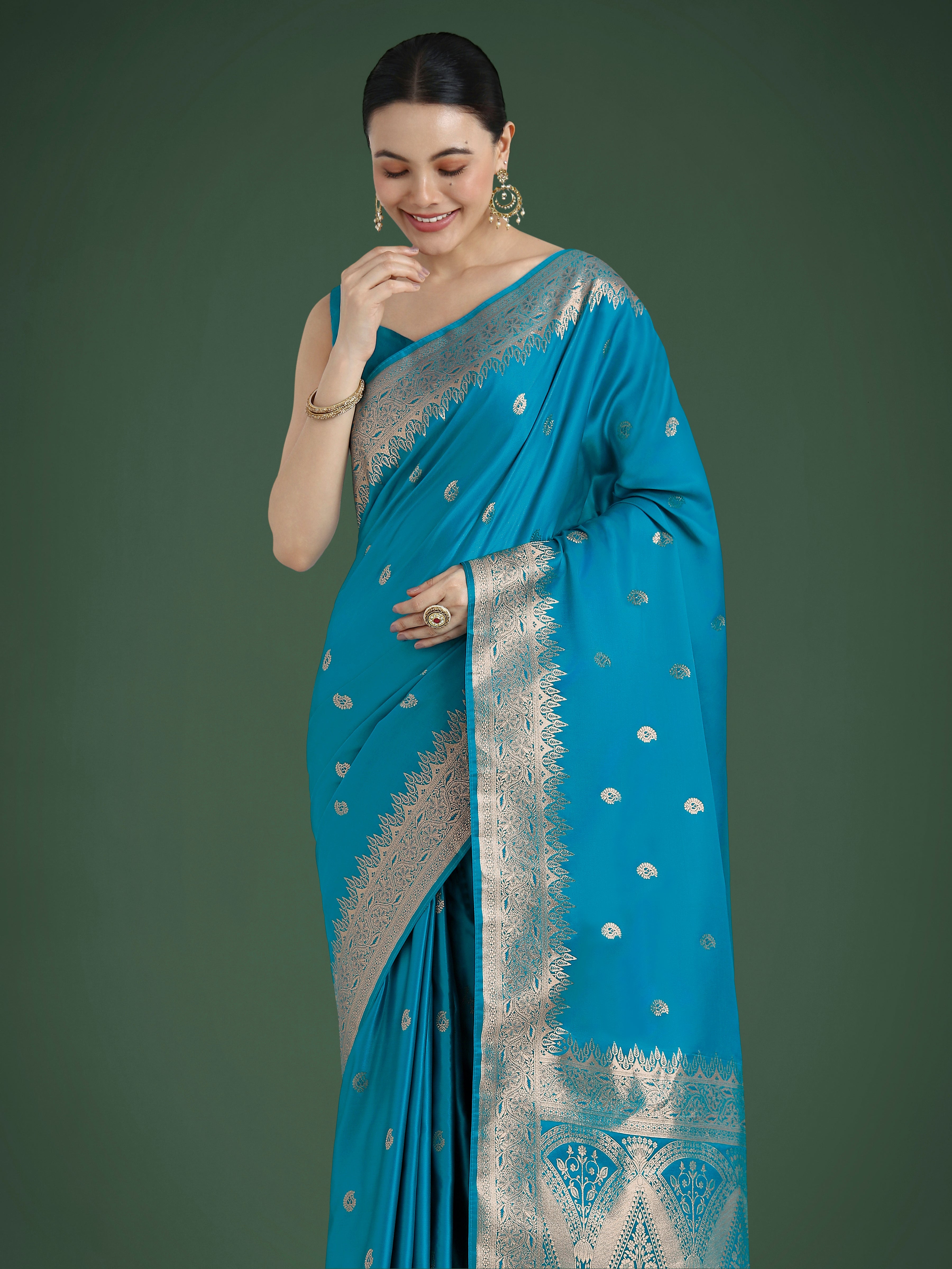 Divine Cyan Blue Soft Banarasi Satin Silk Saree with Blouse