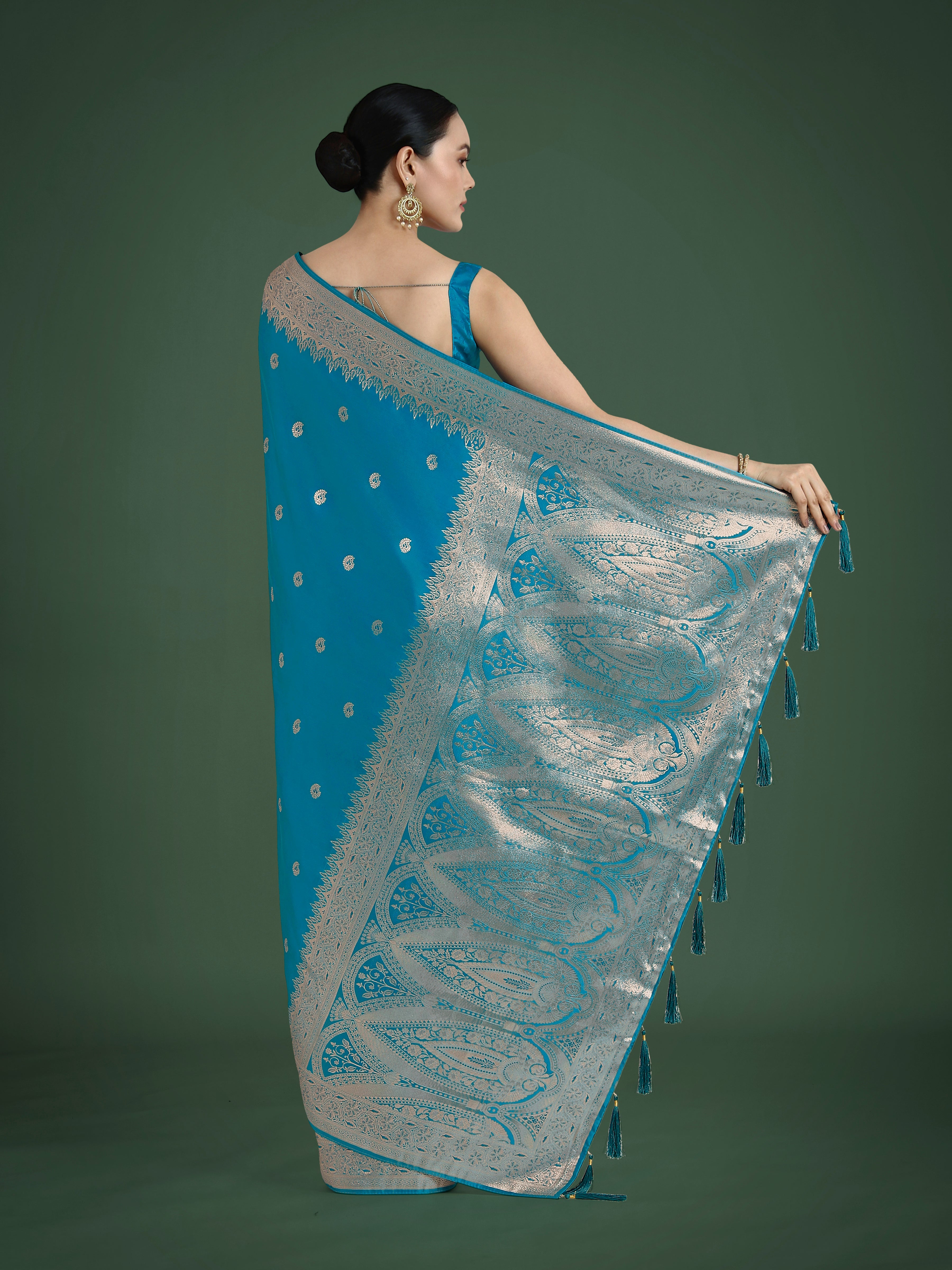 Divine Cyan Blue Soft Banarasi Satin Silk Saree with Blouse