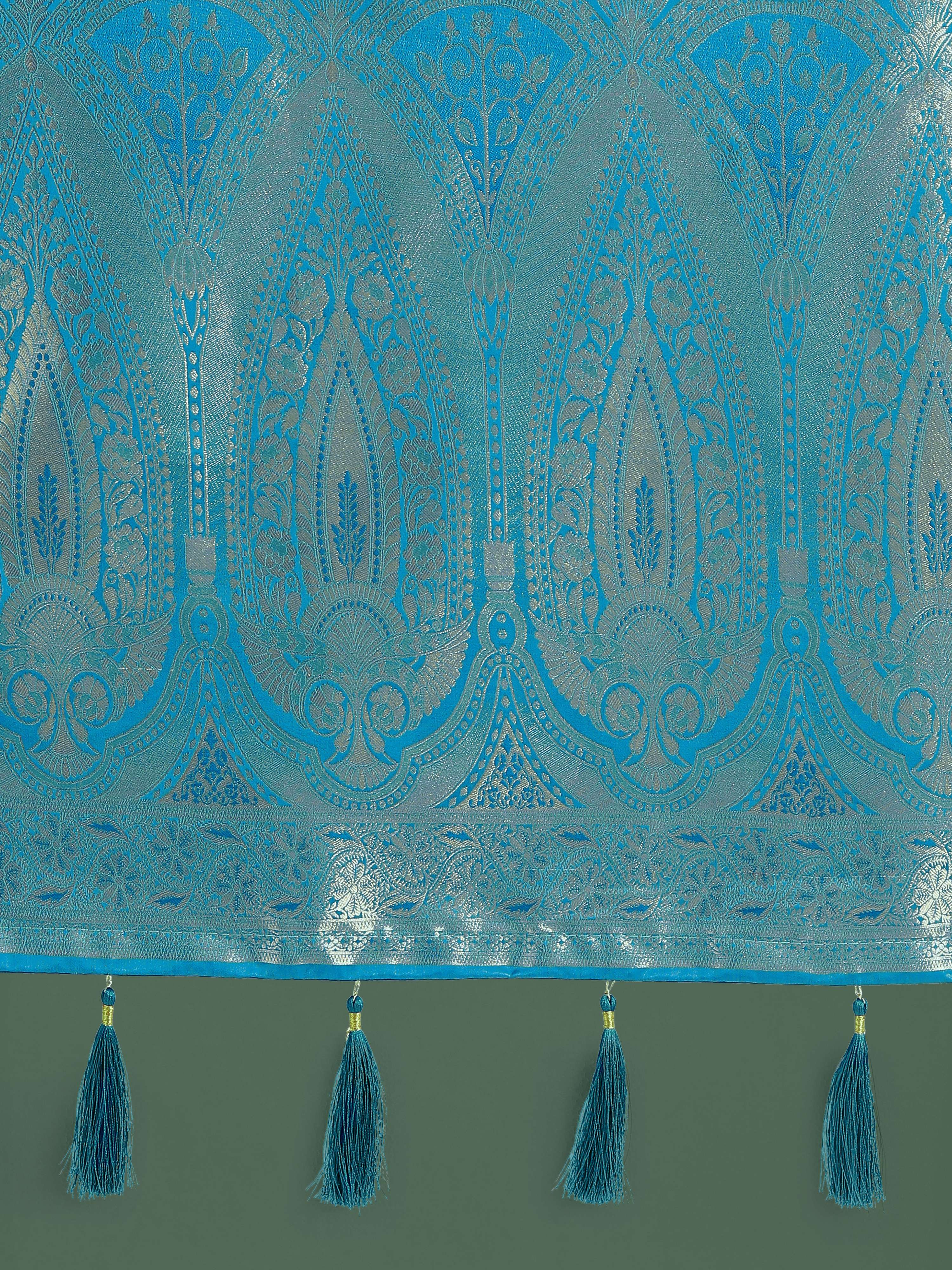 Divine Cyan Blue Soft Banarasi Satin Silk Saree with Blouse