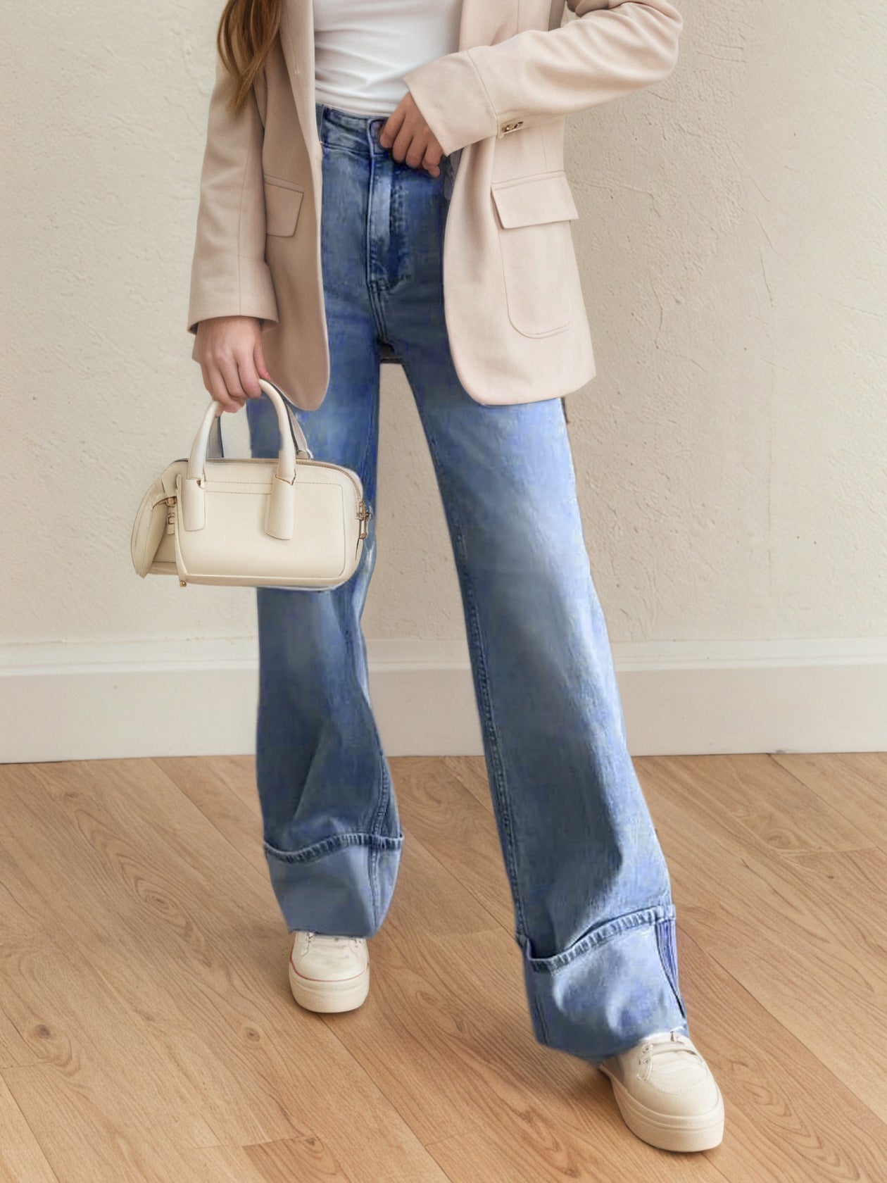 High Rise Straight Leg Denim Jeans with Cuffed Hem - Image 2