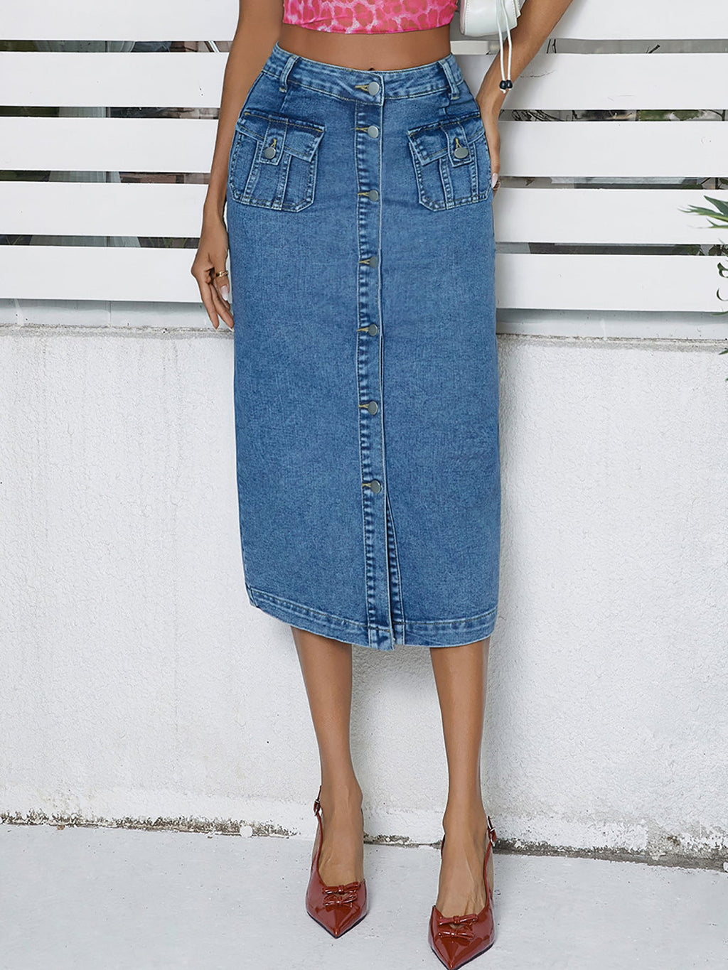 Multi Breasted Mid Length Hip Skirt Women Stretch Denim Pencil Skirt