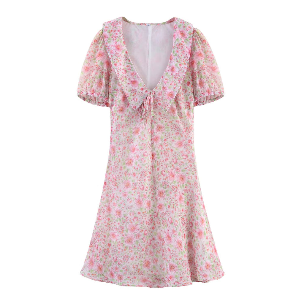 Summer Women Clothing Small round Collared Printing Short Dress