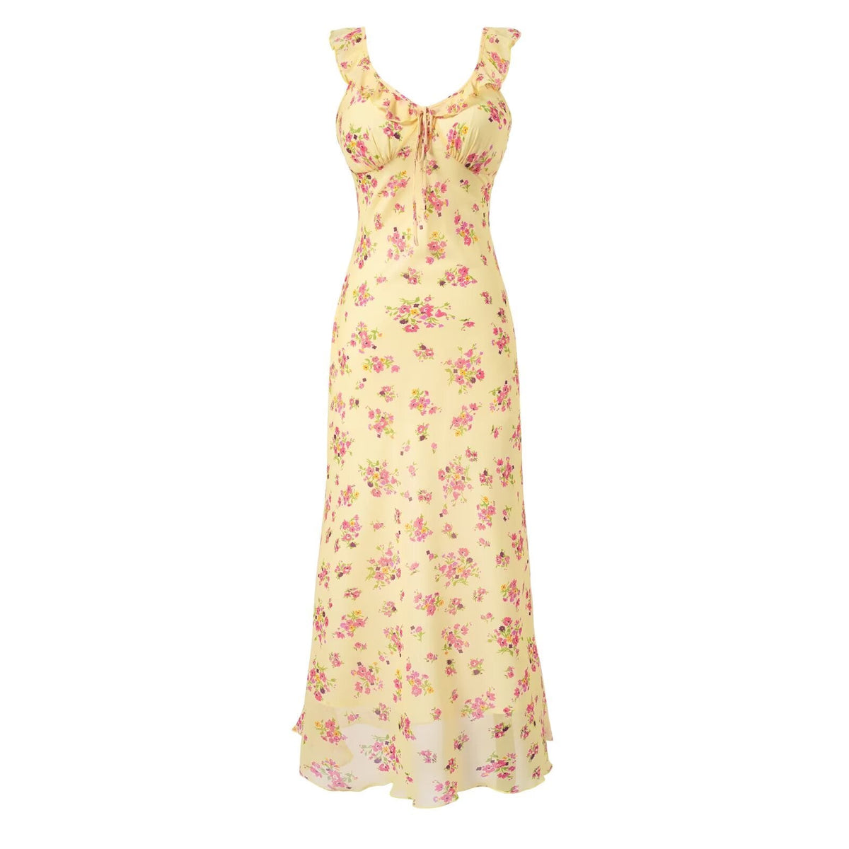 V neck Ruffled Bow Tie Shoulder Floral Suspender Tight Waist Slim Seaside Vacation Dress