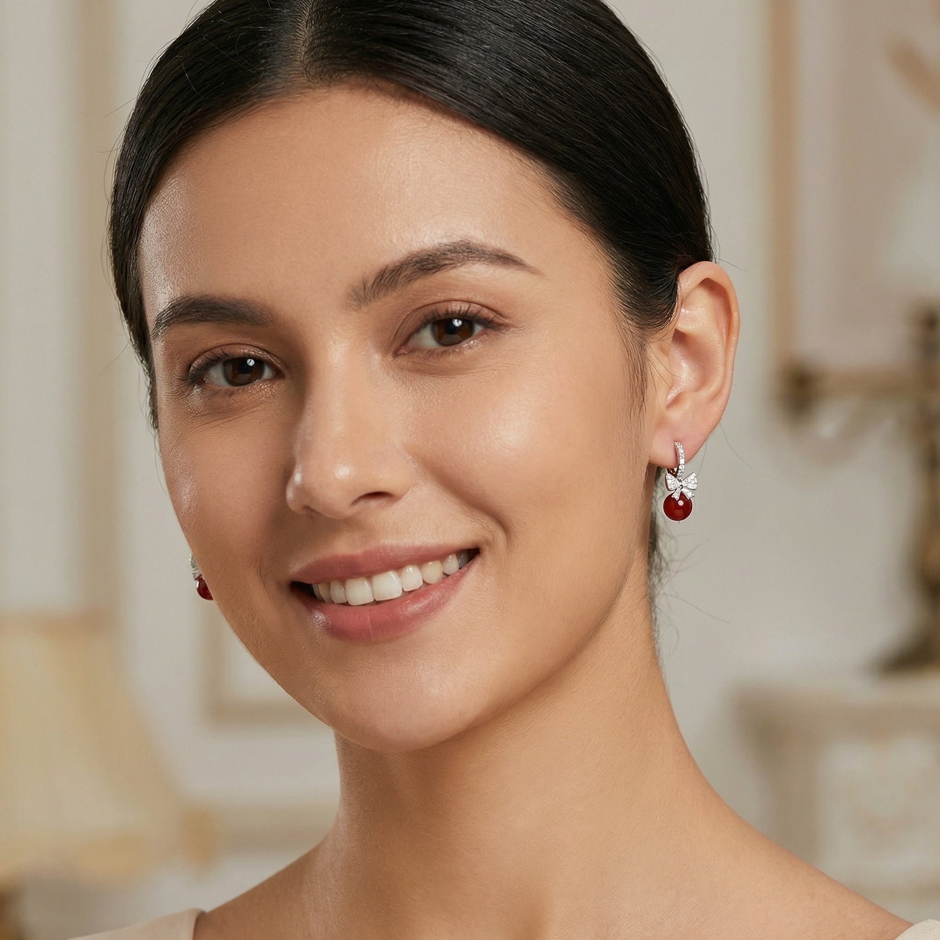 Red Agate and Crystal Bowknot Drop Hoop Earrings in Sterling Silver
