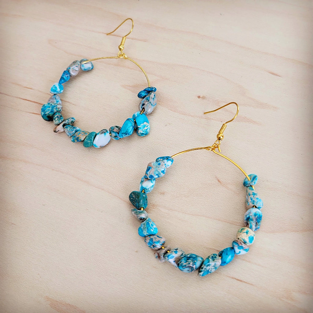 Beaded Hoop Earrings with Genuine Blue Regalite Jasper Stones - Image 2