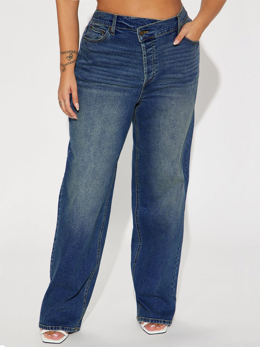 Women Clothing Oblique High Waist Pencil Pants Crossover Straight Leg Stretch Denim Straight