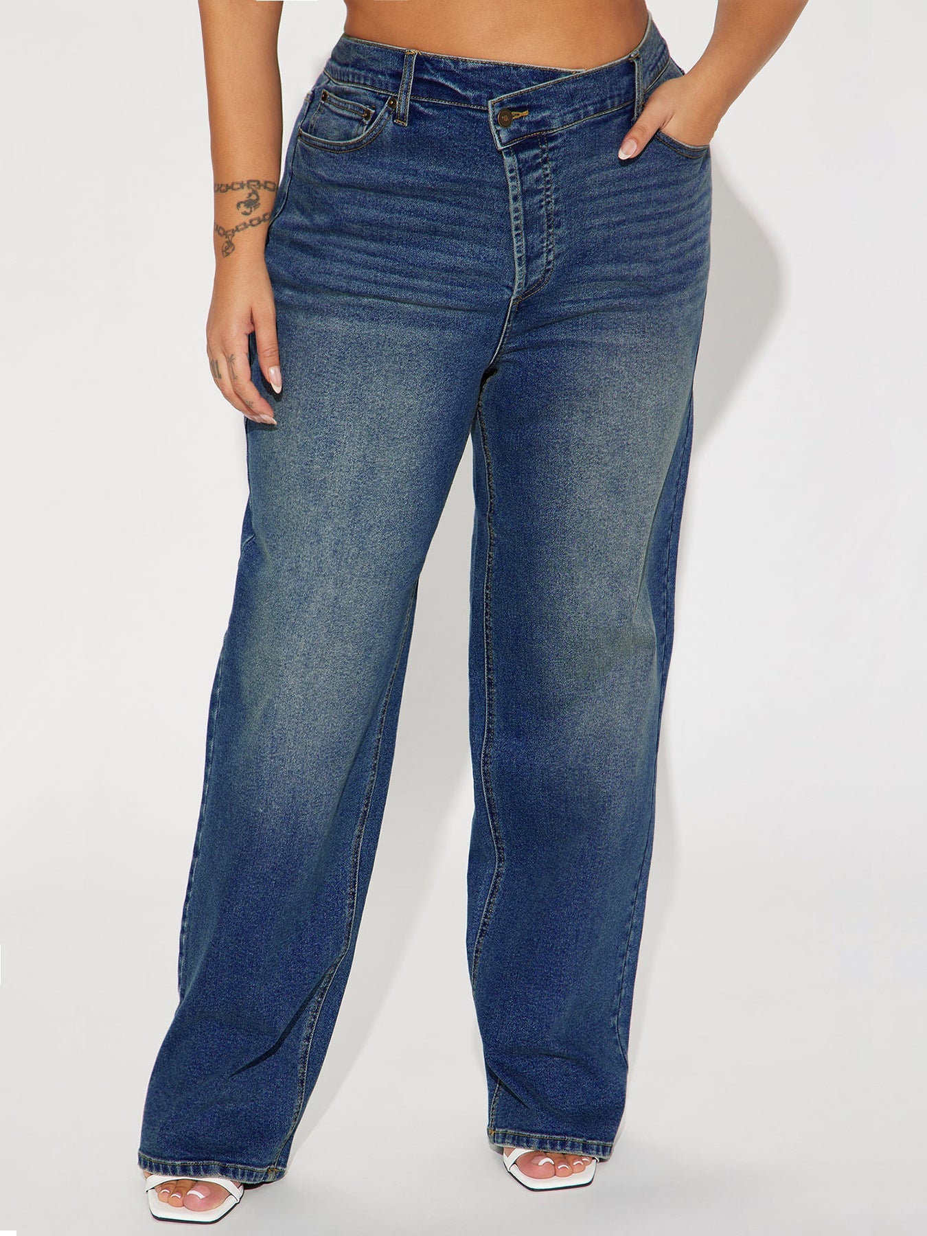 Women Clothing Oblique High Waist Pencil Pants Crossover Straight Leg Stretch Denim Straight