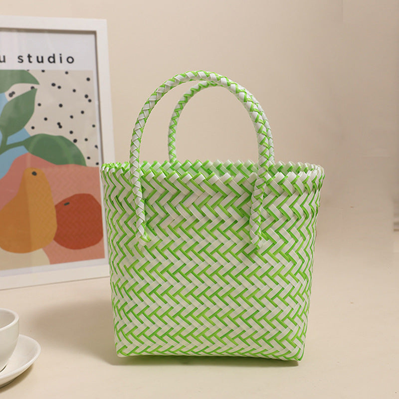 Cute Portable Plastic Woven Bag Fresh Square Straw Bag Vacation Beach Bag All Match Vegetable Basket Bag