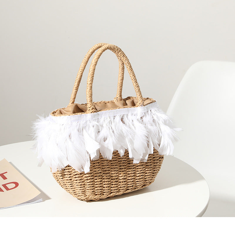 Whimsical Feather Trim Woven Straw Handbag for Vacation and Beach - Image 7