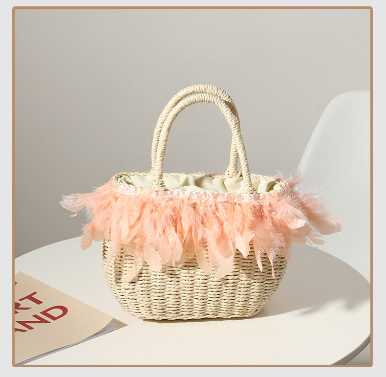 Whimsical Feather Trim Woven Straw Handbag for Vacation and Beach - Image 6