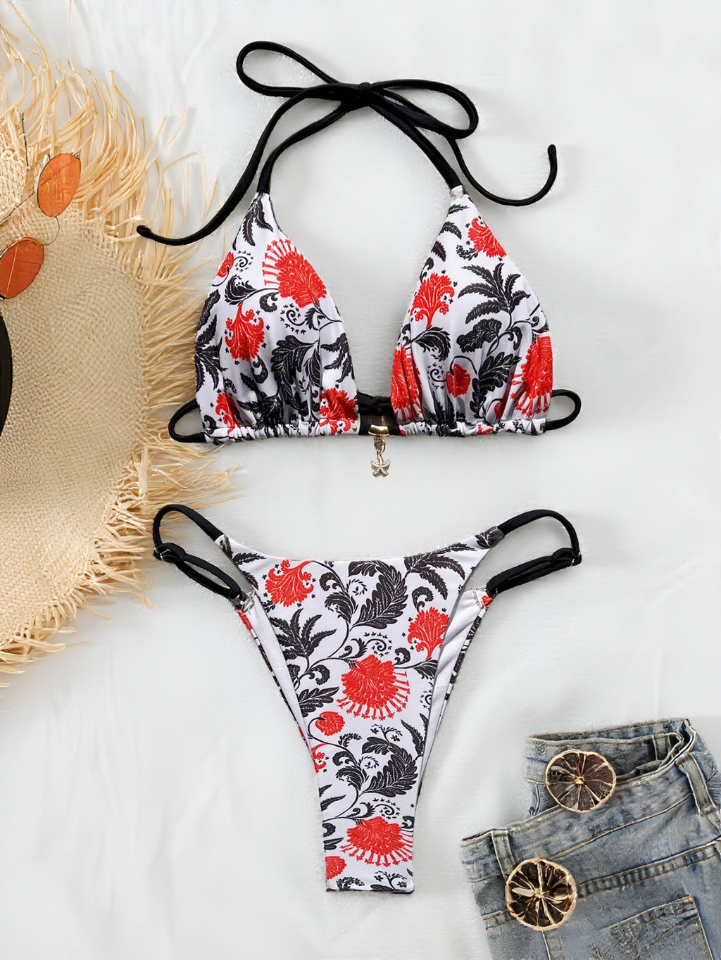 Floral Halter Bandage Bikini - Backless Ruched Two Piece Swimsuit