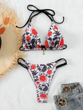 Floral Halter Bandage Bikini - Backless Ruched Two Piece Swimsuit