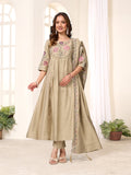 Pista color Anarkali Kurti set with multi-thread embroidery and matching pants
