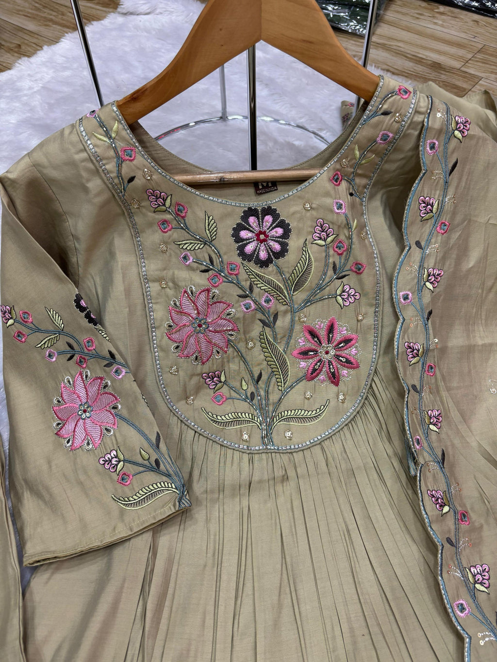 Pista Anarkali Kurti with Pant and Dupatta in Viscose Roman Silk
