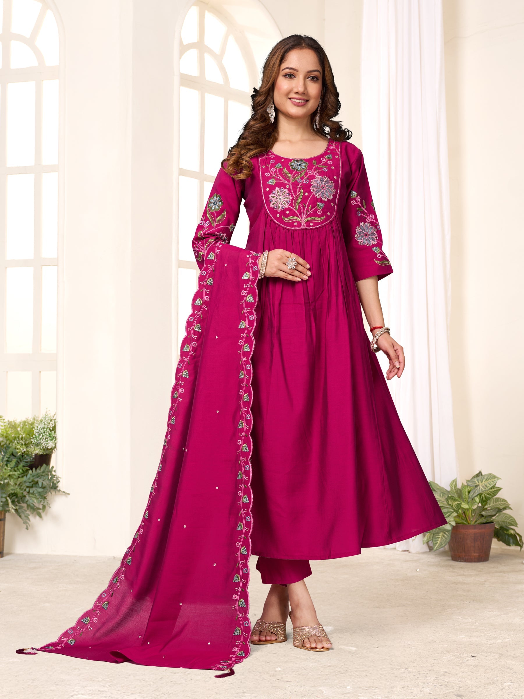 Ranipink Viscose Roman Silk Anarkali Kurti with intricate multi-color embroidery and straight-cut pants