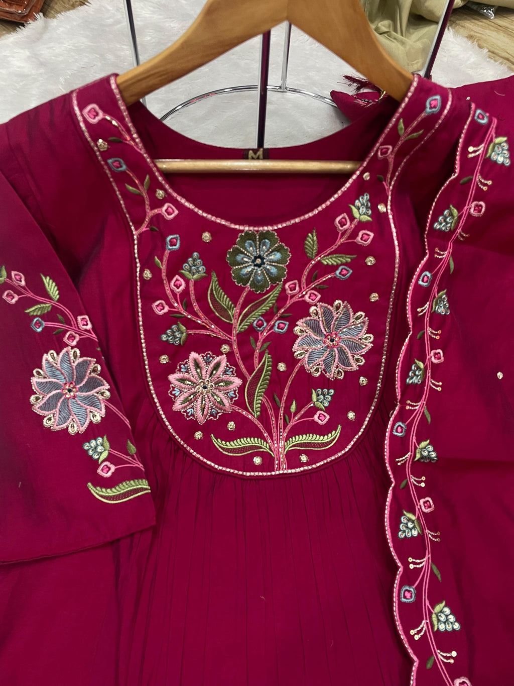 Ranipink Anarkali Kurti Set with Multi Embroidery and Dupatta