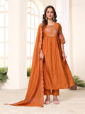Rust Anarkali Kurti and Pant set with multi-thread embroidery detail