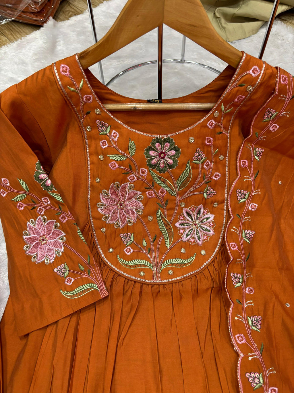 Rust Anarkali Kurti Set with Embroidery in Viscose Roman Silk