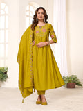 A yellow Viscose Roman Silk Anarkali Kurti with multi-thread embroidery and handwork, paired with matching pants and dupatta.