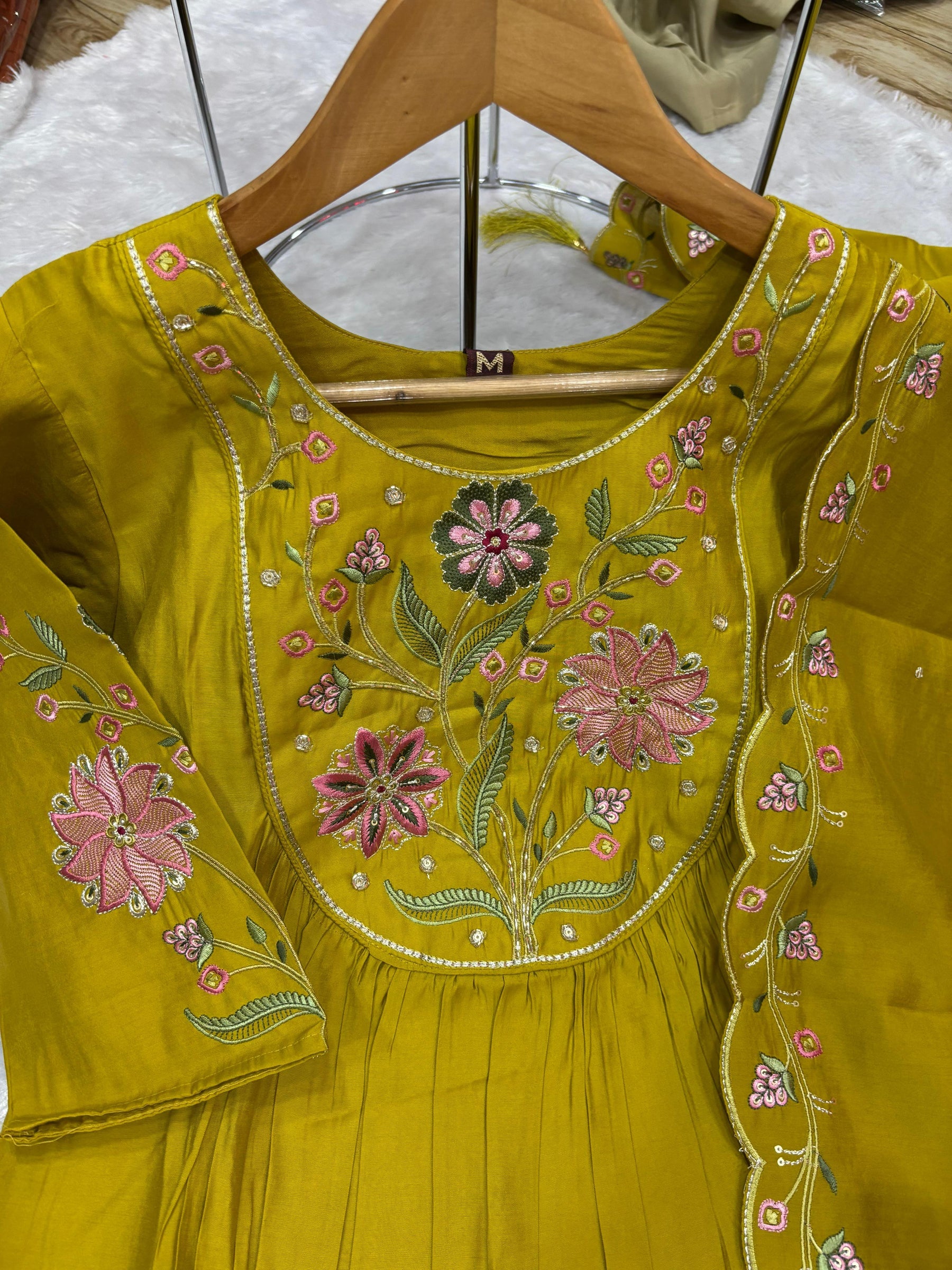 Yellow Viscose Roman Silk Embroidered Anarkali Kurti Pant Dupatta