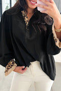 Black Leopard Contrast V-Neck Long Sleeve Blouse