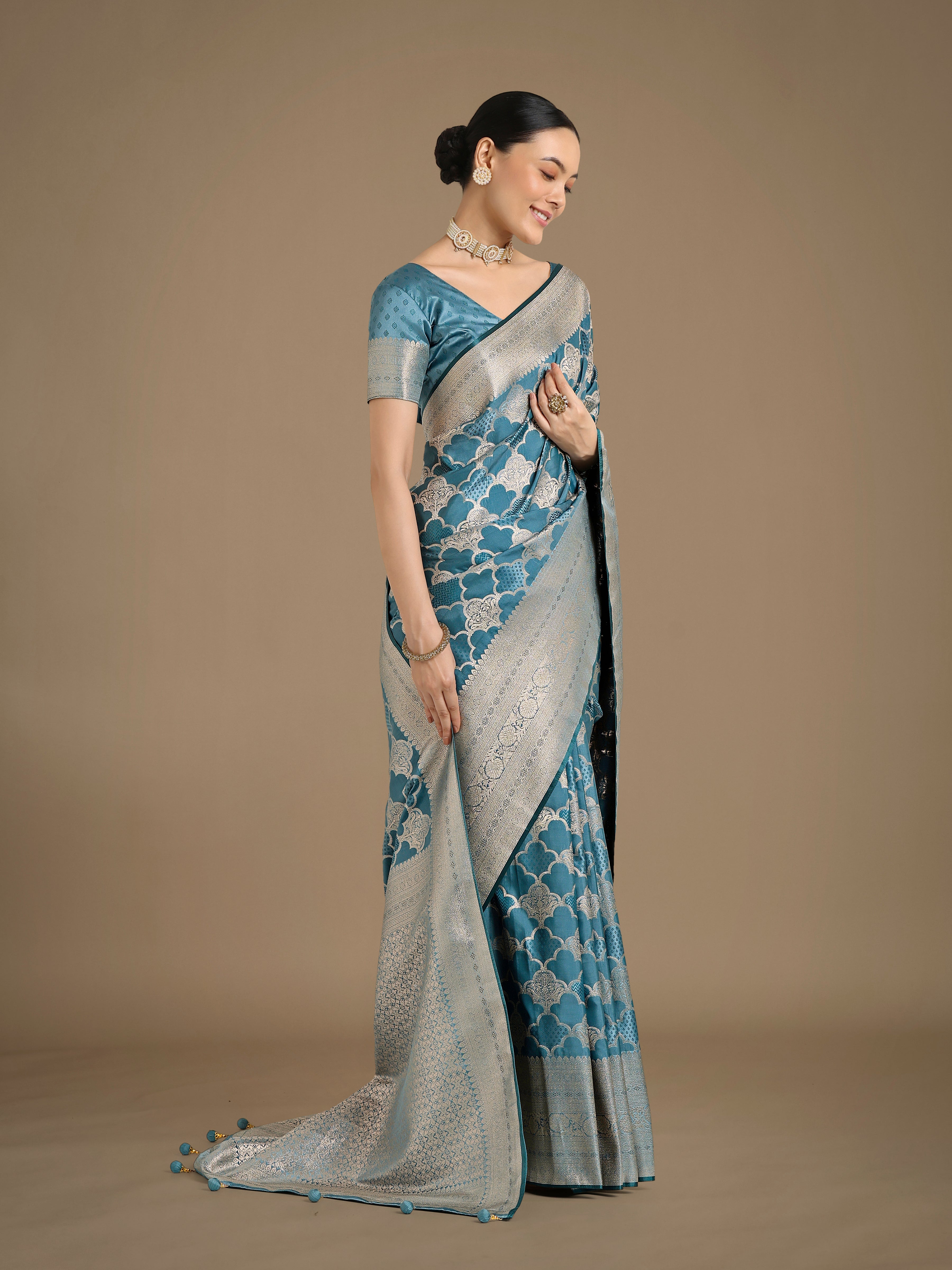 Cyan Blue Banarasi Satin Silk Saree with Rich Zari Woven Pallu