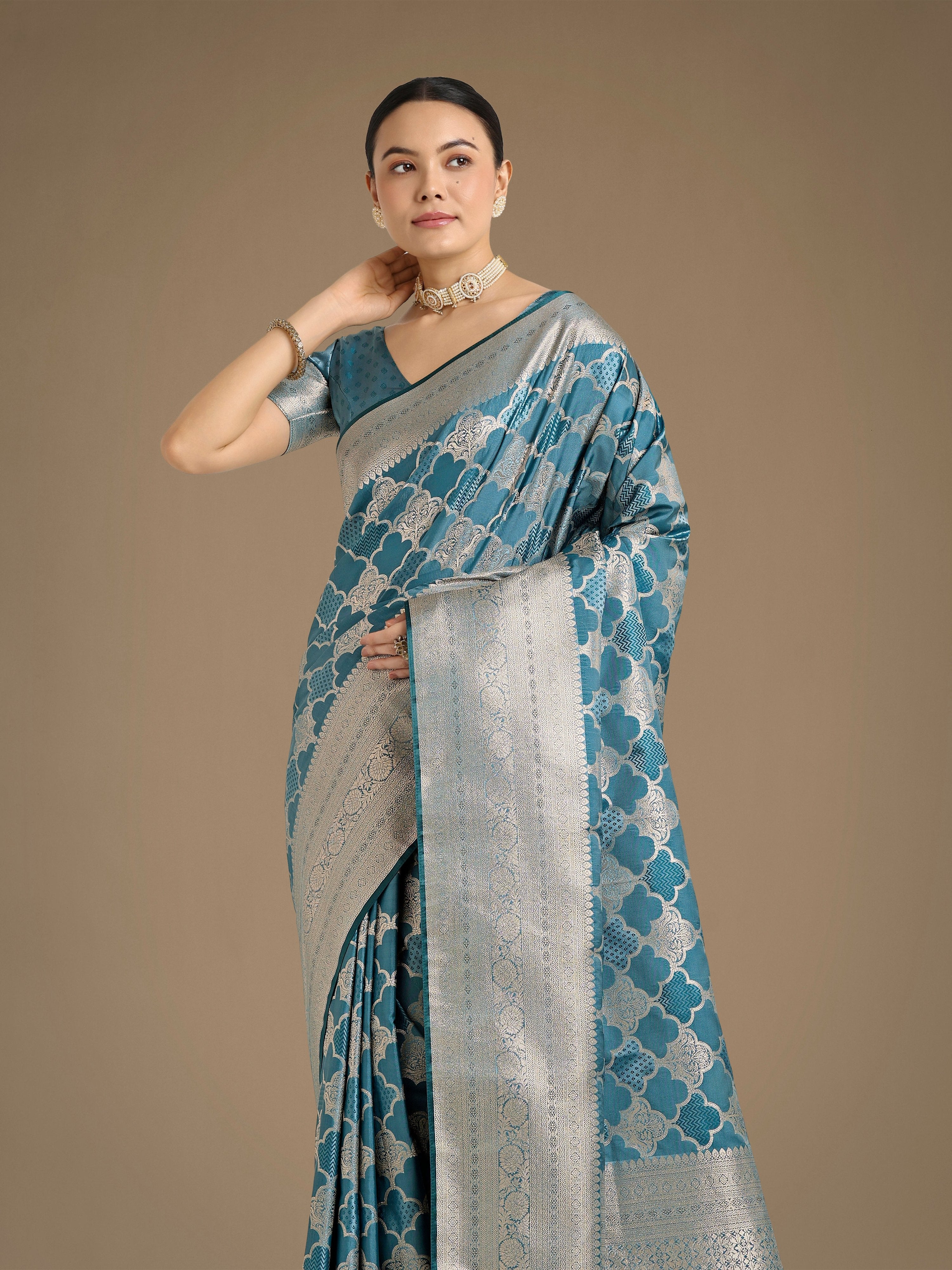 Cyan Blue Banarasi Satin Silk Saree with Rich Zari Woven Pallu