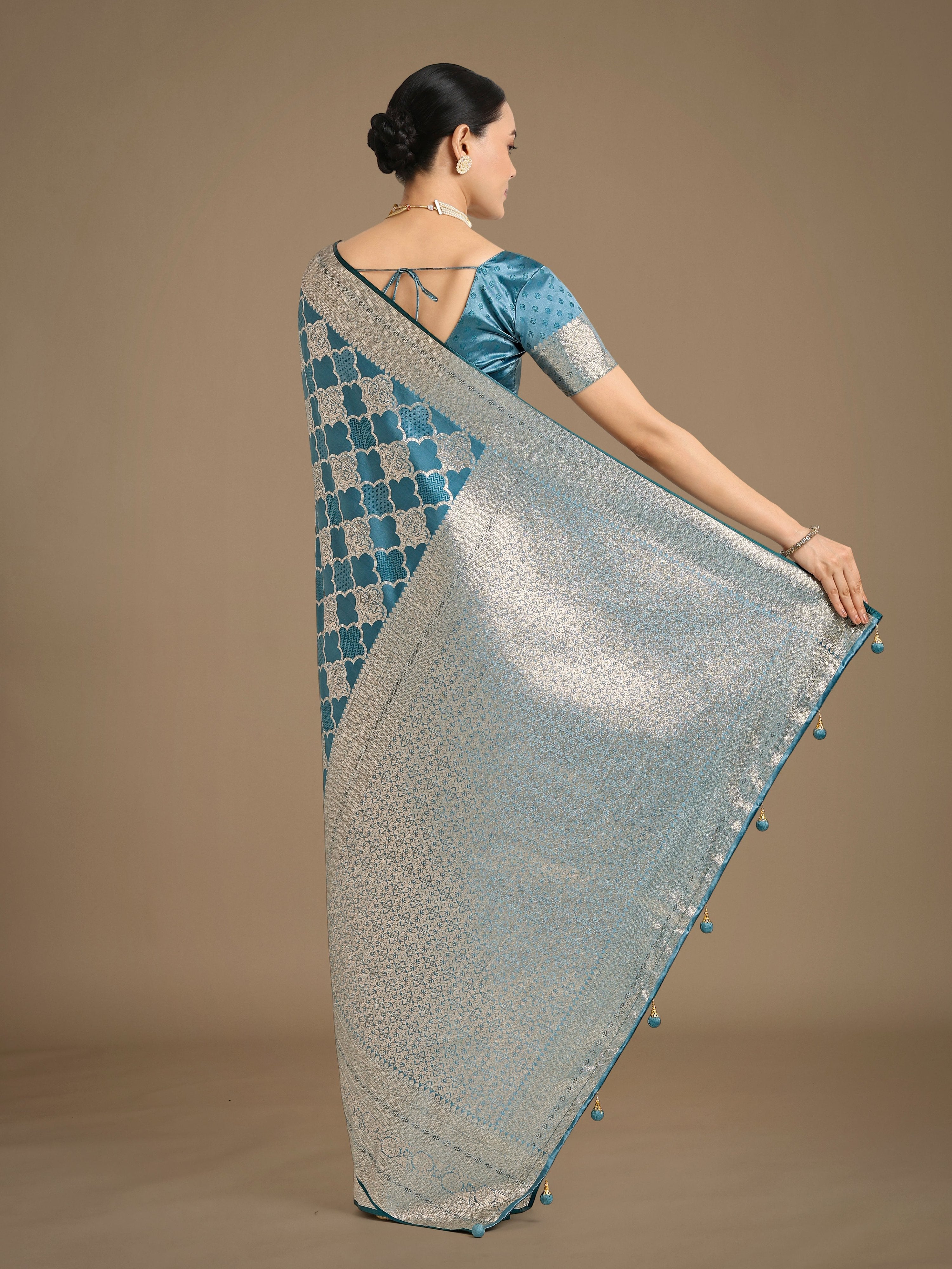Cyan Blue Banarasi Satin Silk Saree with Rich Zari Woven Pallu