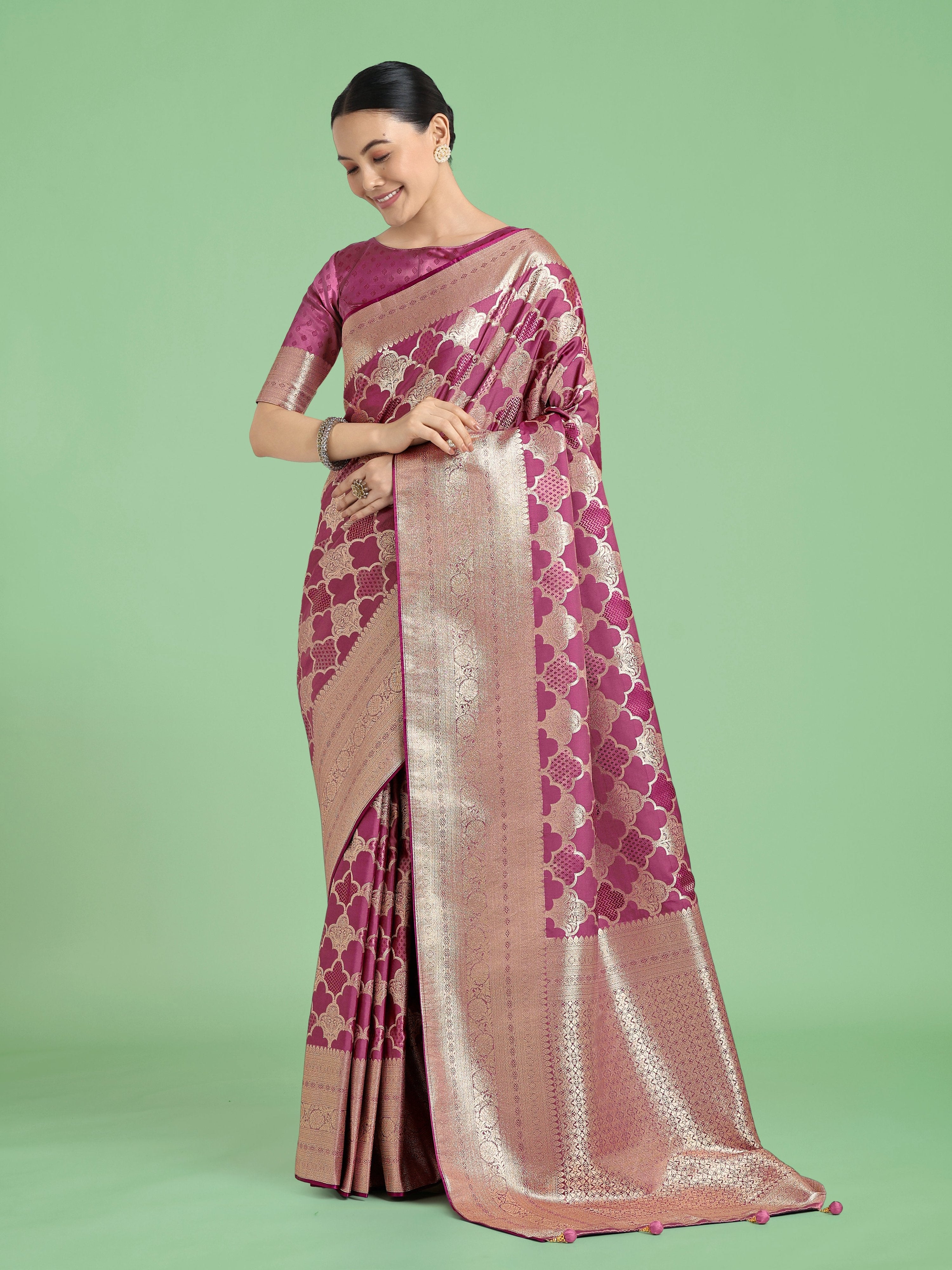 Rose pink Banarasi satin silk saree with rich Zari pallu