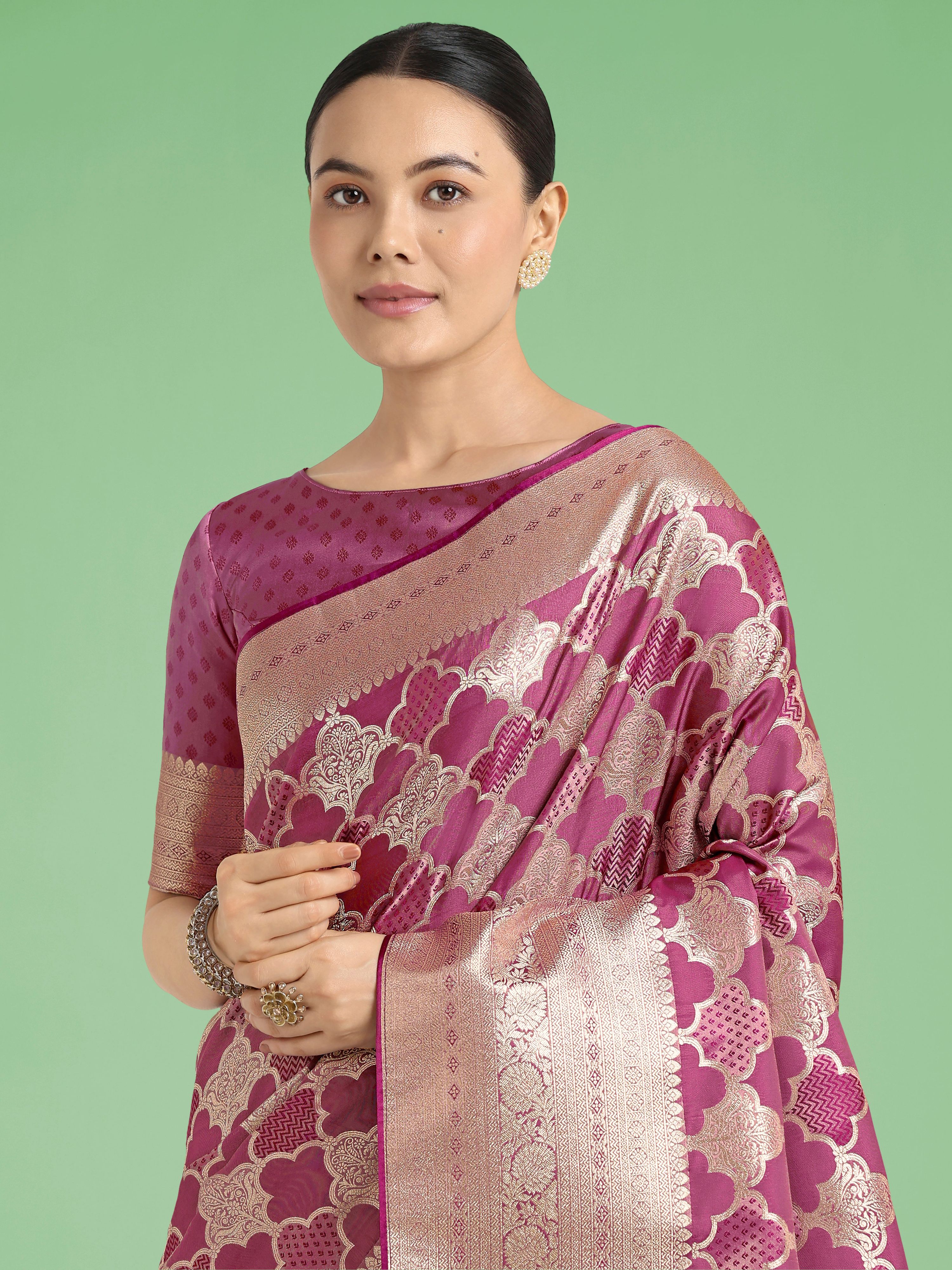 Rose Pink Banarasi Satin Silk Saree with Rich Zari Pallu
